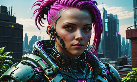 Beautiful detailed digital portrait of a <lora:TumorPunkAI:0.7> tumorpunkai cyberpunk cyborg at a Cyberpunk rooftop garden with solar panels, <lora:xl_more_art-full_v1:0.4>, <lora:cine:0.7> cin3, Cinematic lighting,  <lora:EnvyCharacterPortraitHelperXL01:0.7> solo character portrait, dark background