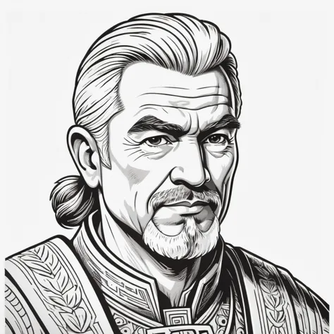 wsj-style engraving, woodcut, monochrome, solo character portrait, middle aged man, hair: Side Part, nationality: Guatemalan, warpriest, white background<lora:EnvyCharacterPortraitHelperXL01:1.0>