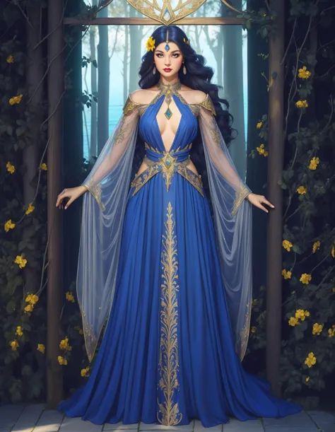 (Ganzkörperfoto:1.3), erwachsene Frau, HHUD, Stehen, HUD tragen_spr_armr, Haarblume, lang (lapis lazuli chiffon dress), lang sleeves, Schmuck, aufwendig graviertes Halsstück aus Metall, Schulterstück, gelber Gürtel mit Diamanten, Brustplatte, lasergeschnittene Ärmel, (lang hair:1.1), 4k, Umgebung mit Bäumen und einem See