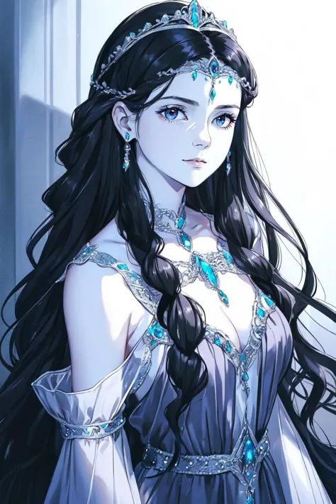 a woman with long black hair wearing a tia and a blue dress