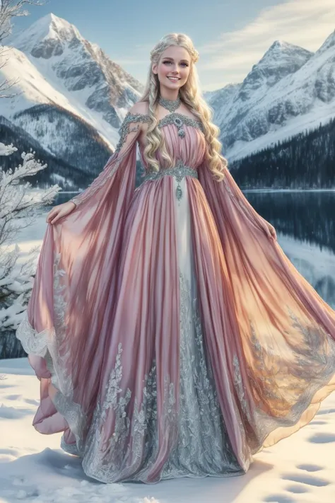 a woman in a pink dress standing in the snow