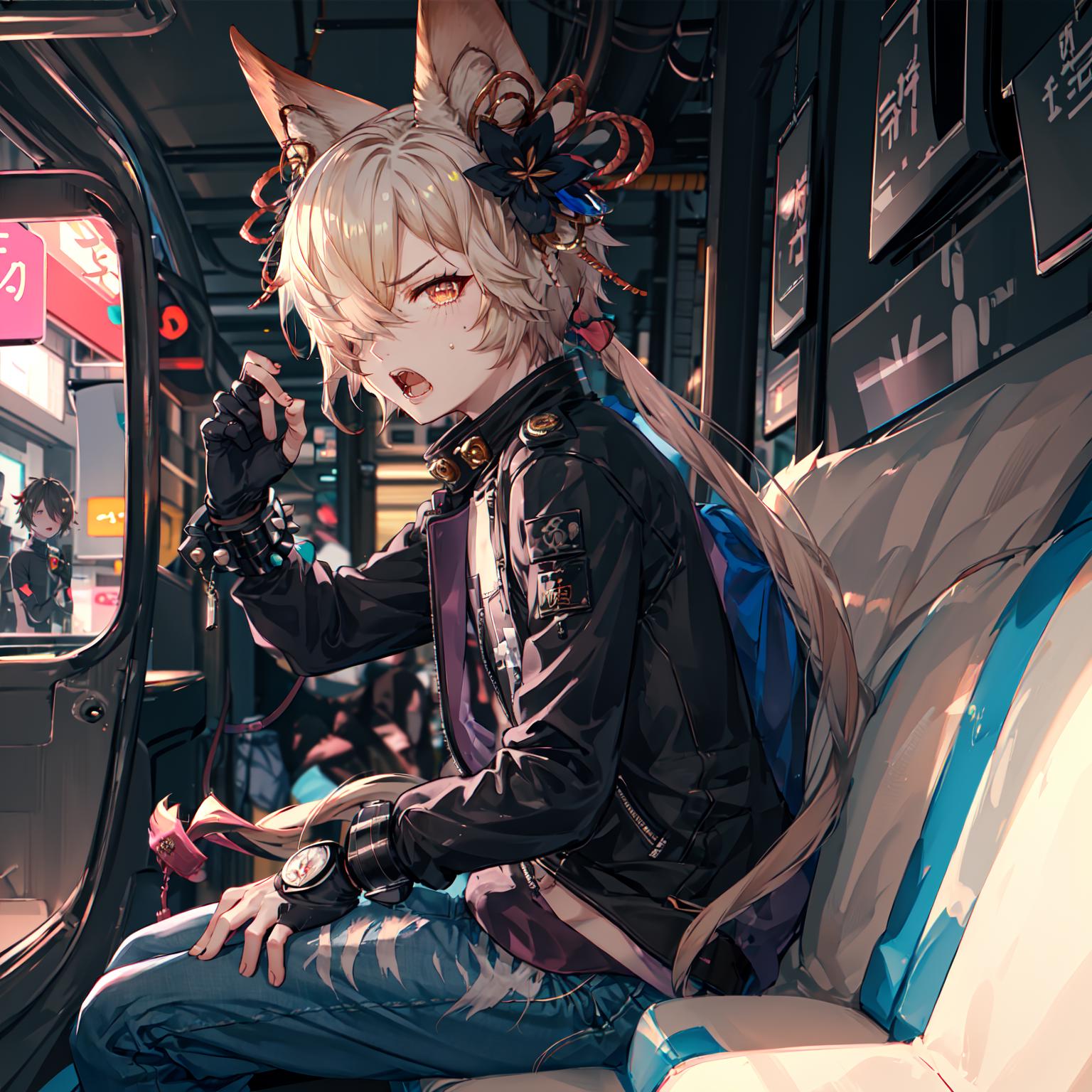 Anime character sitting on a bus seat with a cat head - SeaArt AI