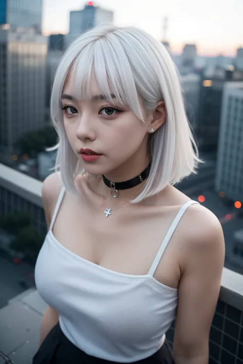 a woman with white hair and a choker standing on a balcony