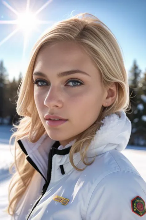 a close up of a woman in a white jacket in the snow