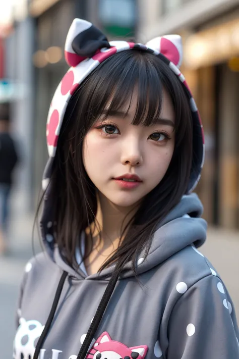 a close up of a woman wearing a hoodie and a cat ear