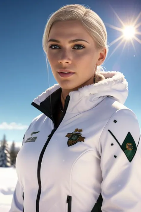 a close up of a woman in a white jacket standing in the snow