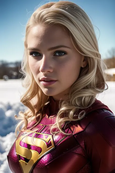 a woman in a red and gold costume standing in the snow