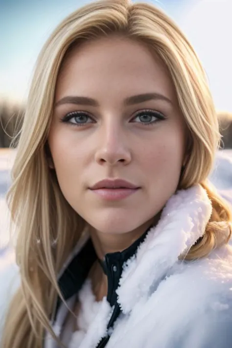 a close up of a woman with long blonde hair wearing a white jacket