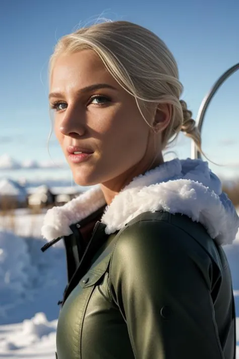 blond woman in a green leather jacket standing in the snow