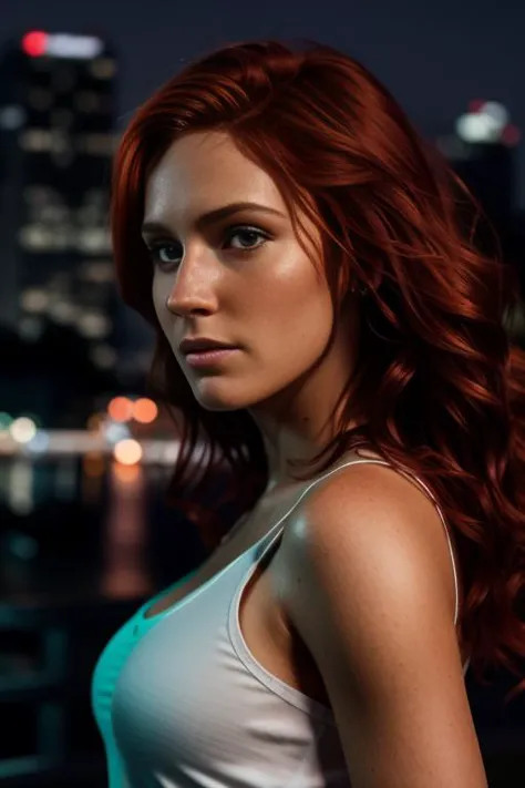 a close up of a woman with red hair and a white tank top