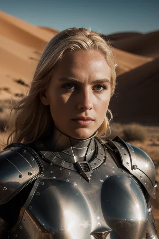 a woman in armor standing in the desert with sand dunes behind her