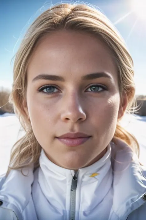 a close up of a woman with a jacket on in the snow