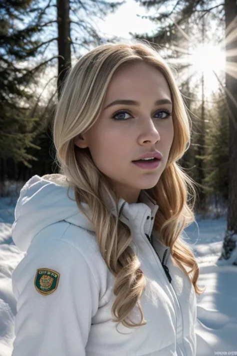 a woman in a white jacket standing in the snow