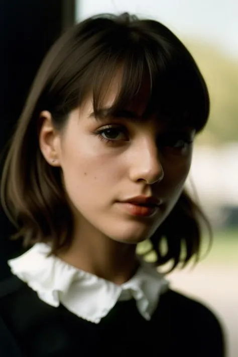 a close up of a woman with a black shirt and a white collar