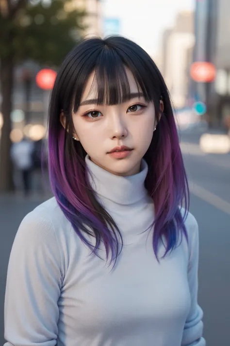 a woman with purple hair and a white turtle neck shirt