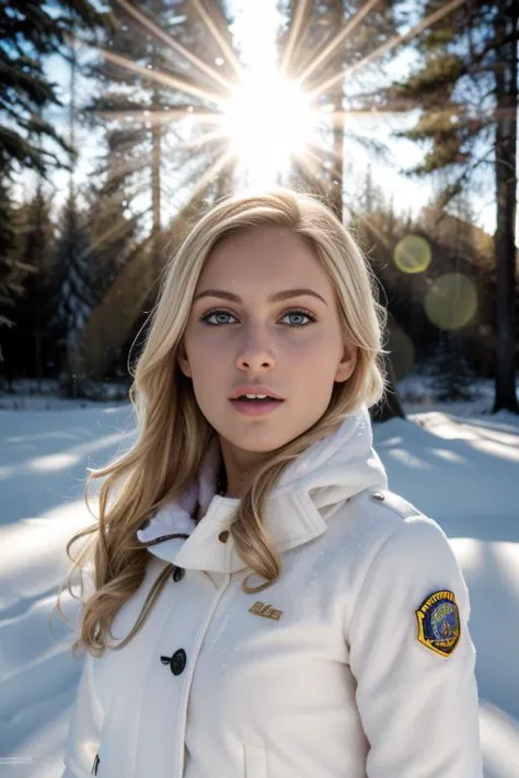 arafed woman in white coat standing in snow with sun shining through trees