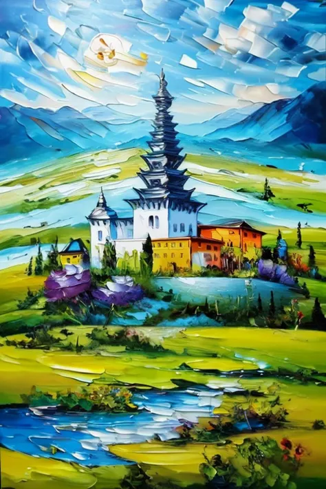 a painting of a painting of a pagoda in a field