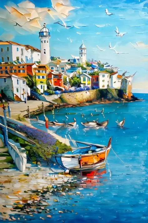 rick_thickoil, a painting of A beautiful seaside town, the bay, seagulls, boats, masterpiece <lora:Rick_ThickOil:1>