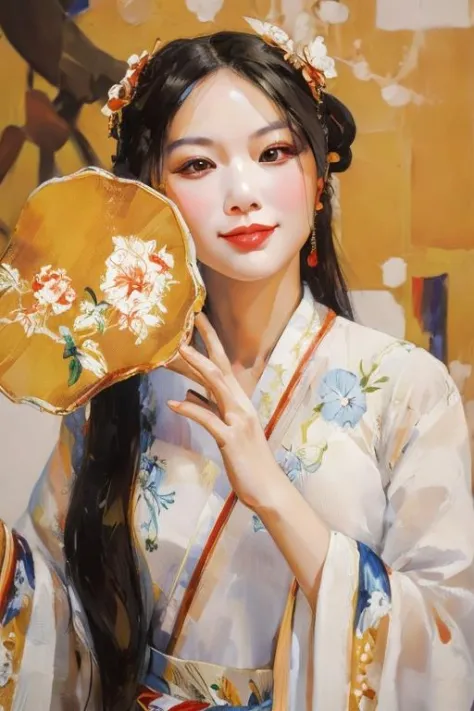 a painting of a woman in a kimono holding a fan