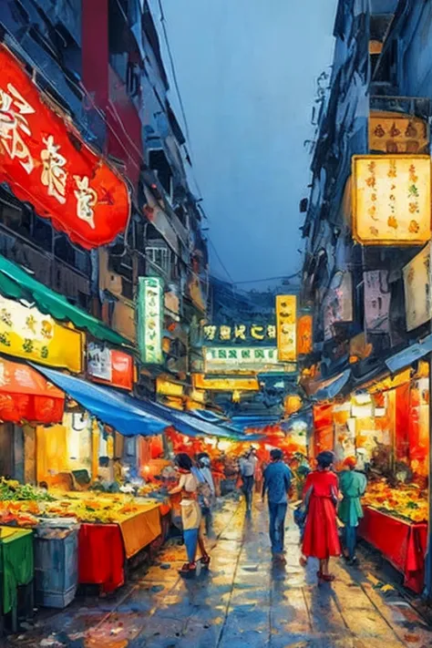 a painting of a street scene with people walking down the street