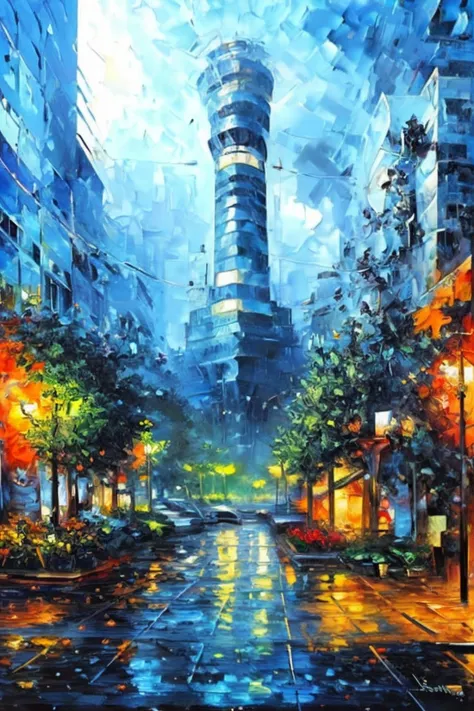 painting of a city street with a clock tower in the distance