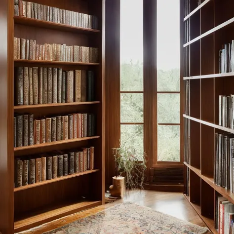 a view of a room with a lot of books on the shelves