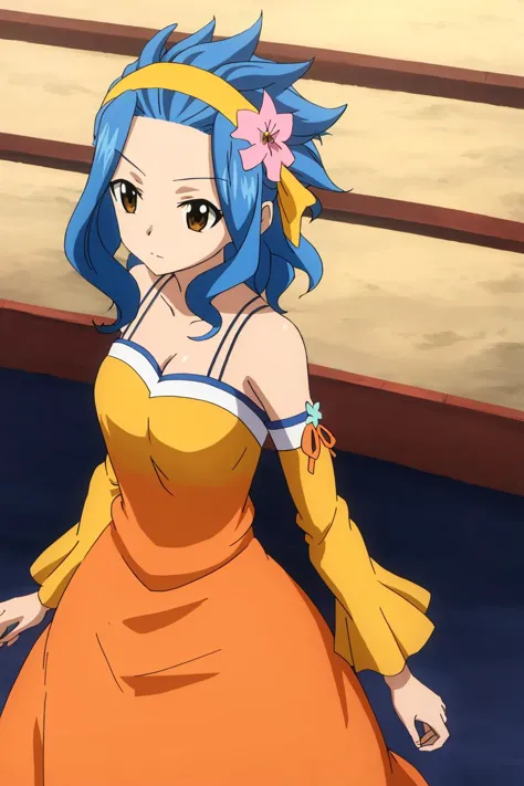 levy, fairy tail, anime art style, 1girl, solo, hair_ornament, dress, bare_shoulders, brown_eyes, blue_hair, flower, hairband, detached_sleeves, hair_flower, yellow_dress, orange_dress