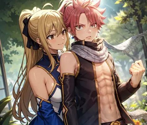 forest background, AND, 2girls, long_hair, , smile, blonde_hair, cleavage, bare_shoulders, brown_eyes, jewelry, upper_body, ponytail, sidelocks, earrings, detached_sleeves,AND, 2boys, natsu dragneel, black eyes, sleeveless, scarf, open jacket,