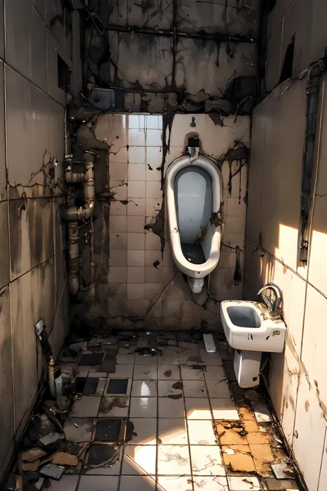 there is a dirty bathroom with a urinal and a toilet