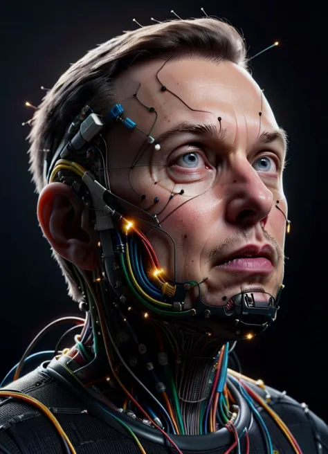 homem (babando:1.3) olhando (confuso:1.1) com fios e eletrônicos presos ao seu crânio  ais-wirez, dispersão subterrânea, Photorealista, Hyperrealista, estilo analógico, realista, fotografia de filme, iluminação suave, sombra pesada