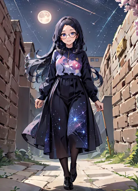 ((best quality)), ((highly detailed)), absurdres, (detailed eyes, deep eyes), (1girl), (glasses), fisheye lense, full body, wide shot}, <lora:stellar_clothing-1.0:1>, stellar clothing, nerd, <lora:LoraRoundGlassesV1:.7>, round glasses, thick rimmed glasses, smile, (outside, <lora:school_outdoors_v0.2:1>, at a school, building, gate, fence, trees, cherry blossoms, midnight, night sky, stars, full moon)