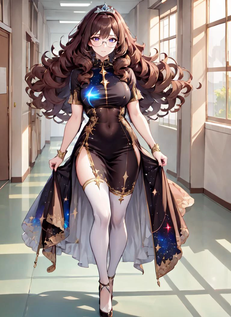 ((best quality)), ((highly detailed)), absurdres, (detailed eyes, deep eyes), (1girl), (glasses), close-up, dynamic pose, full body}, ((stellar clothing)), princess, ((very long hair)), big hair, curly hair, light brown hair, large dress, (maxiskirt), tiara, (inside, school hallway)