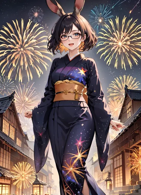 a woman in a kimono outfit walking down a street with fireworks in the background