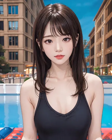 a woman in a black swimsuit standing next to a pool