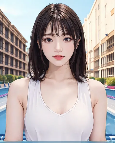 a woman in a white tank top standing next to a swimming pool