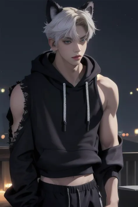 masterpiece, best quality, ultra high res, (photorealistic:1.4), (1boy), soobin, lean muscular, messy hair, bokeh, (sleeveless black pullover hoodie, topless male), large pectorals, navel, night, moon, warewolf, wolf ears, <lora:soobin:1.5>