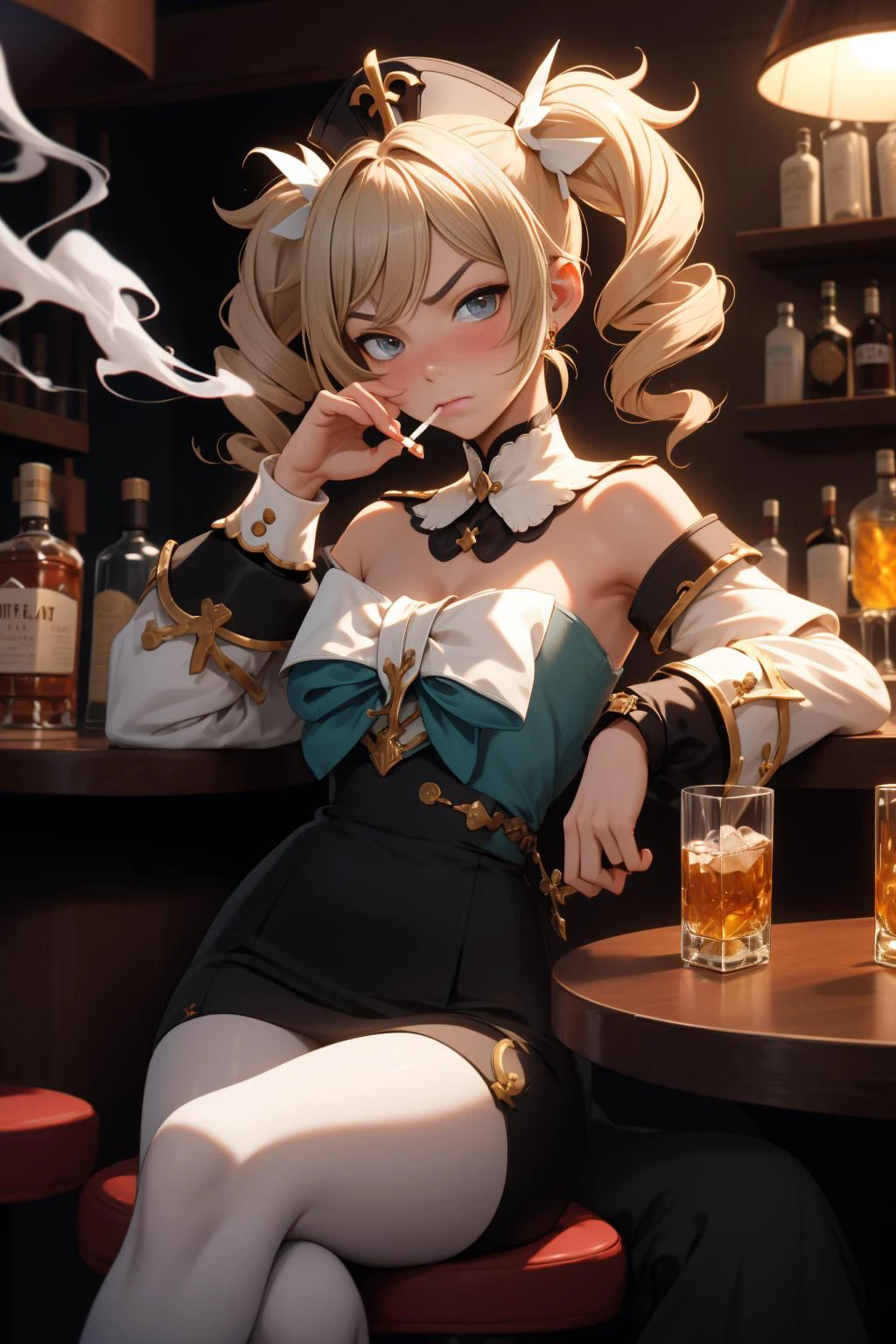 barbaradef sitting at a bar, whiskey glass, (empty glasses:1.2),drunk, frown,blush,angry,smoking, cigarette,cigarette in mouth,smoke everywhere