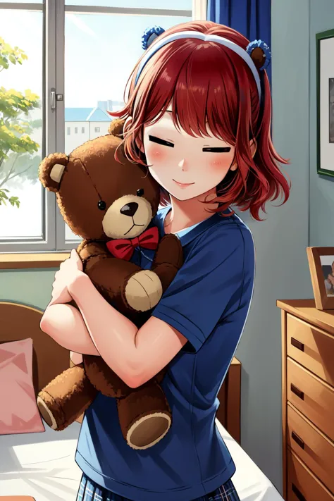 anime girl holding a teddy bear in her arms in a bedroom