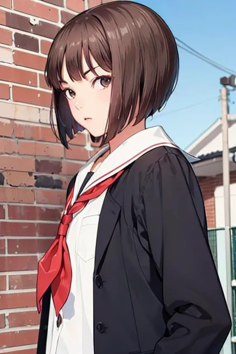 anime girl in a school uniform standing in front of a brick wall