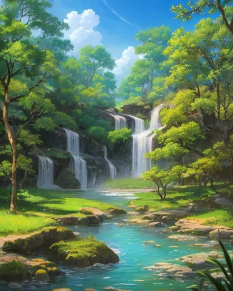(Высокое разрешение:1.1), Лучшее качество, (шедевр:1.2),  яркий цвет, цифровая живопись, джунгли, вода, естественная красота, мирный оазис, Сакура деревья, голубое небо