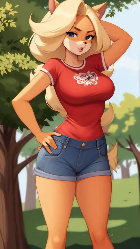 best quality,masterpiece,solo,1girl,originaltawna,,t-shirt,red shirt,denim shorts,forest in background,
<lora:tawna-15:0.9>,