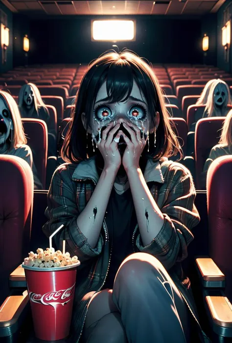 a woman sitting in a movie theater with a bucket of popcorn and a soda