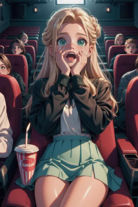 a woman sitting in a movie theater with a drink and a soda