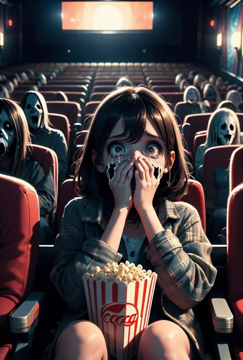 arafed woman in a movie theater with a popcorn bucket and a pair of gas masks