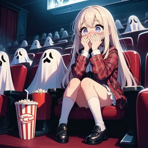 (((masterpiece))), (((best quality))), (((ghost))), (((full body))), (((horror movie))), (((crowd))), ((hands on own face)), ((cinema seating)), ((scared)), ((crying with eyes open)), popcorn, cocacola, disposable cup, plaid jacket, stairs, night, open mouth, 1girl, big tits, ribbon, sweat, shy, blush, slim figure, <lora:girllikehorrormovie:0.8>