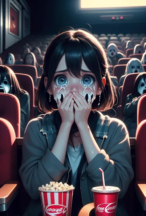 a woman with a pair of eyes covering her face in front of a movie theater