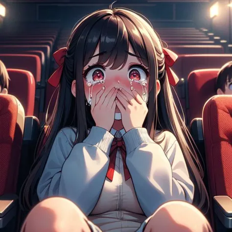 anime girl sitting in a movie theater with her eyes closed