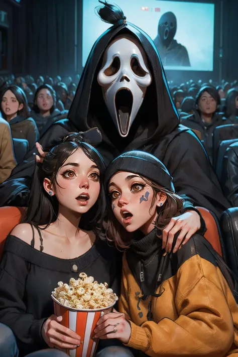 two women sitting in a movie theater with a scream mask on