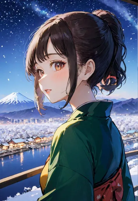anime artwork 1girl,(blush:1.3),
saika,eyes_focus,
(print_kimono worn in winter:1.3),looking_at_viewer,the background is mount fuji and kyoto cityscape and lake,milky way sky,(cowboy_shot:1.3),(in winter:1.2), . anime style, key visual, vibrant, studio anime,  highly detailed