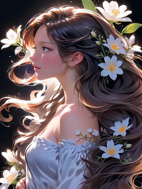 woman, portrait, side view, long hair, flowers, 1r1d3sc3nc3, <lora:1r1d3sc3nc3XL:0.75>